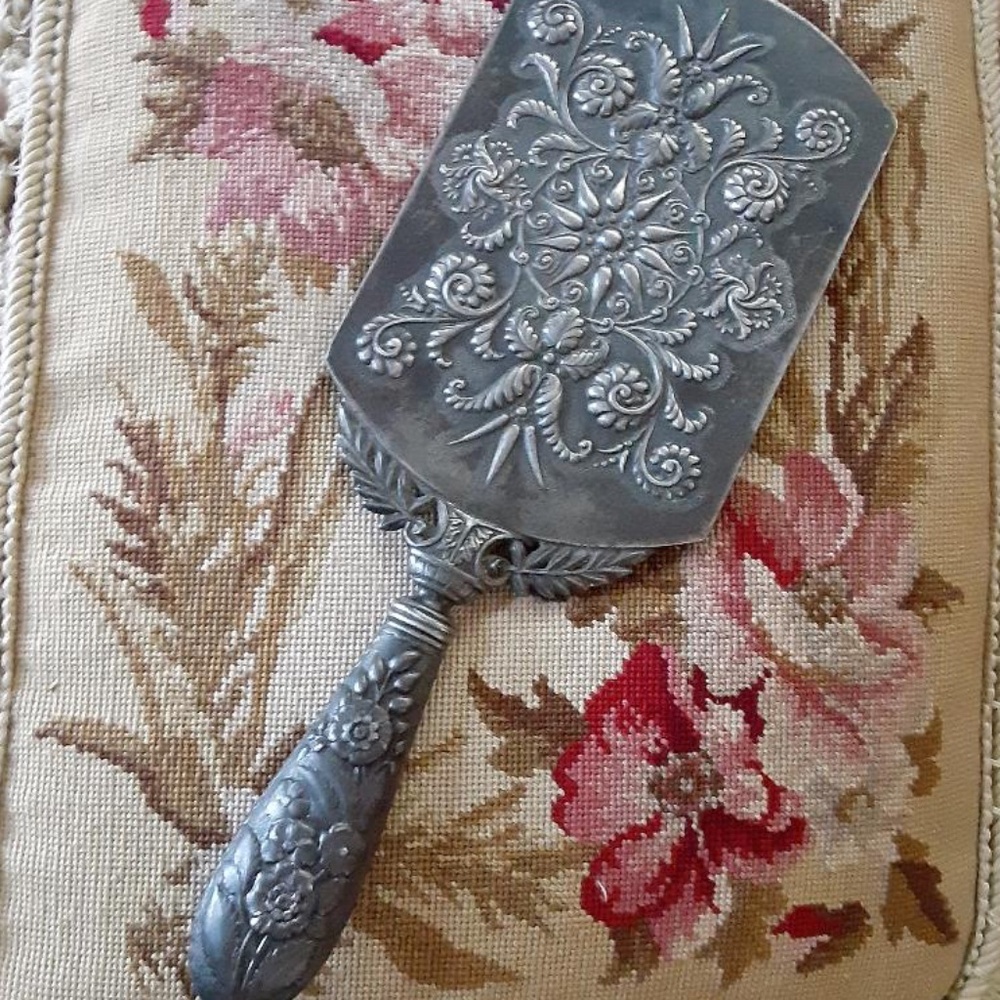 Antique Victorian Pewter Hand  Mirror Floral Des